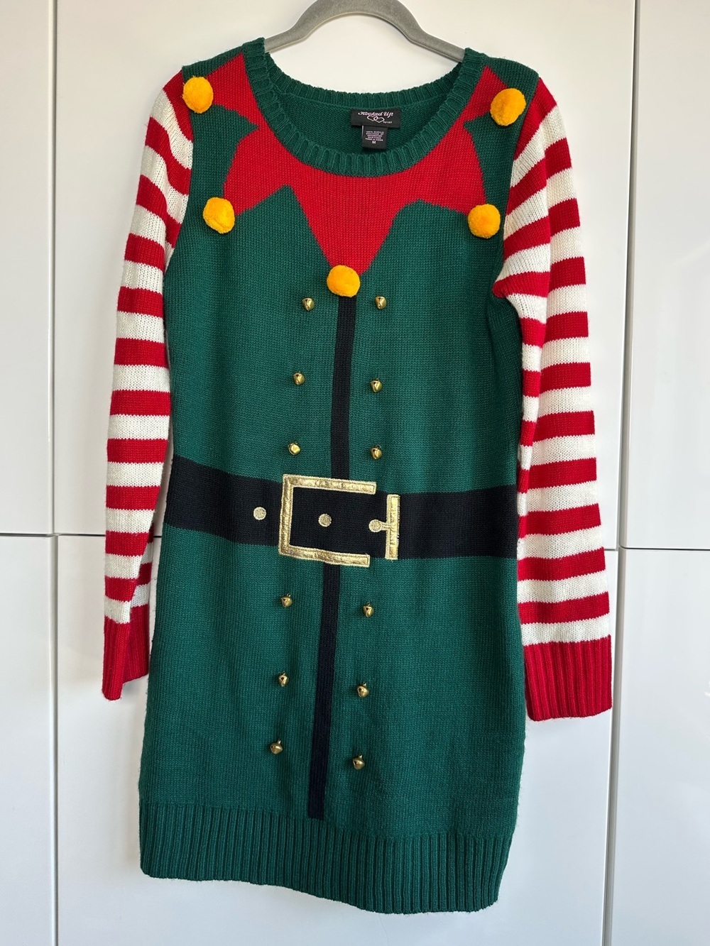 Hooked Up by IOT Christmas Elf Sweater Dress Size Medium Jingle Bells Red Green